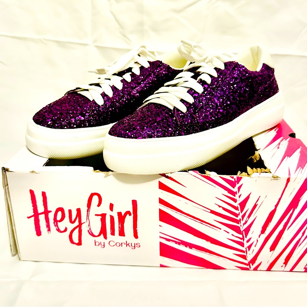 BNIB • HEY GIRL BY CORKYS SNEAKERS • GAMEDAY • PURPLE GLITTER • SIZE 7 • LSU